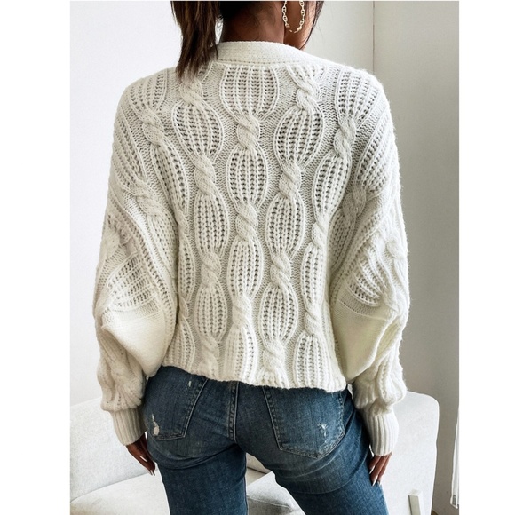 White Cable Knit Button Front Cardigan - Picture 2 of 7